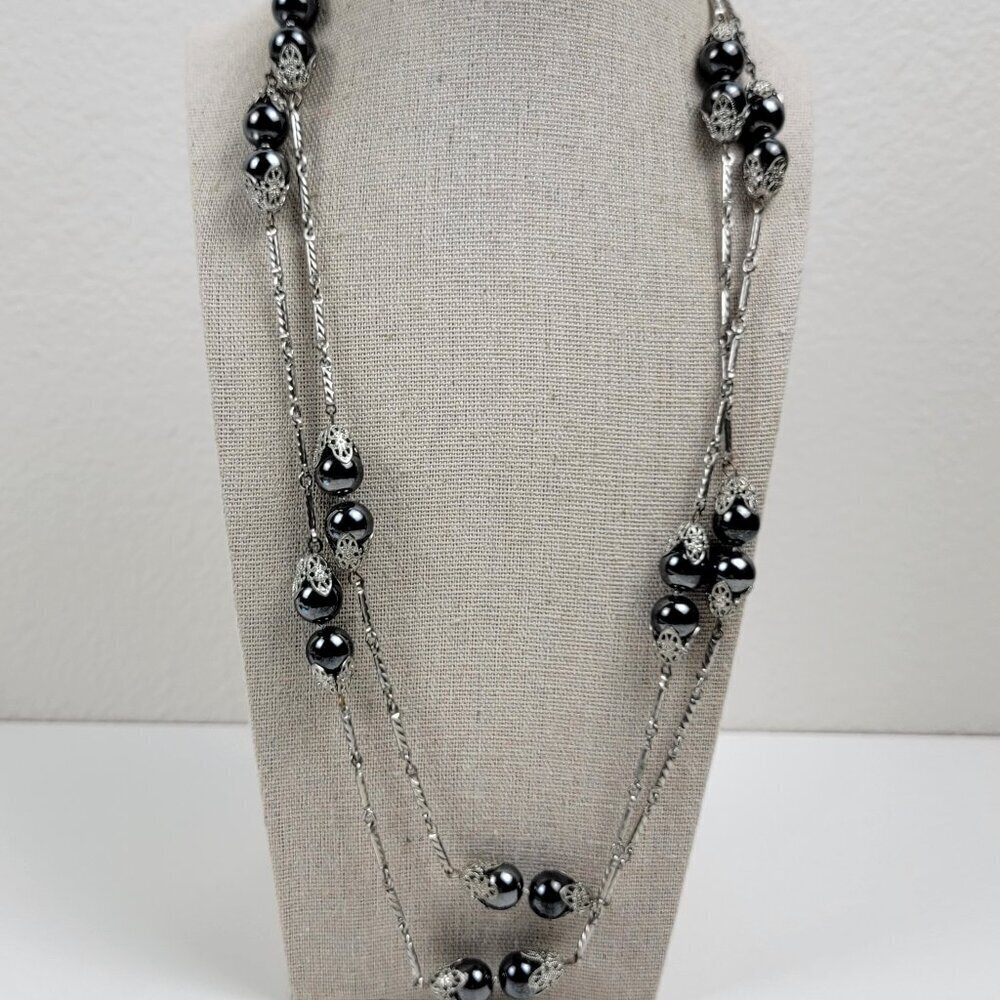 Vtg. Lisa Gray Hematite Long Strand Station Necklace 53 Inch Silver-Tone Opera